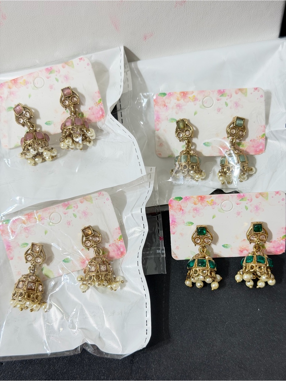 Gold-Tone Jhumka Earrings with Pearls - Pink, Green, Teal, Cream All Four 35$onl